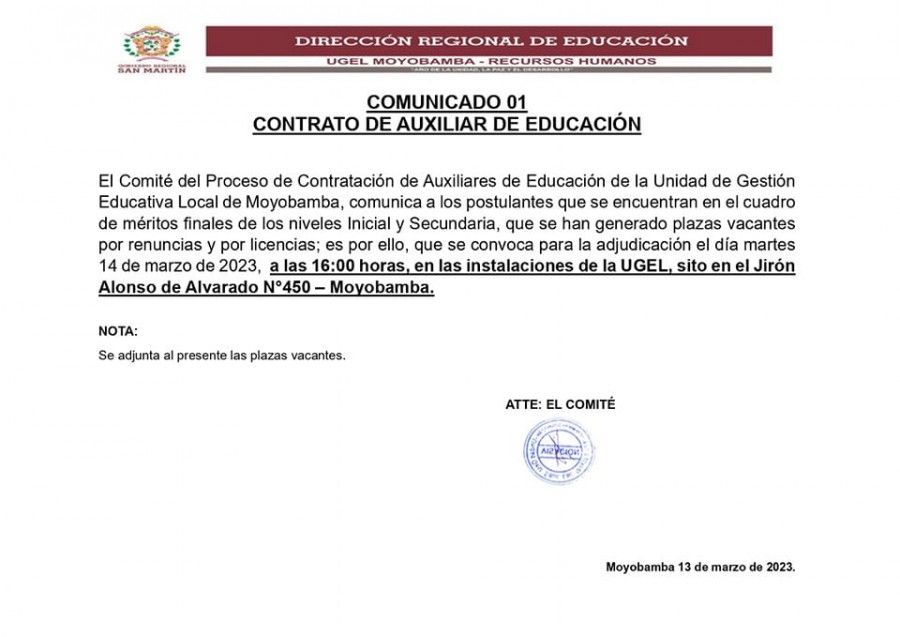 📌COMUNICADO 01 -  CONTRATO DE AUXILIAR DE EDUCACIÓN