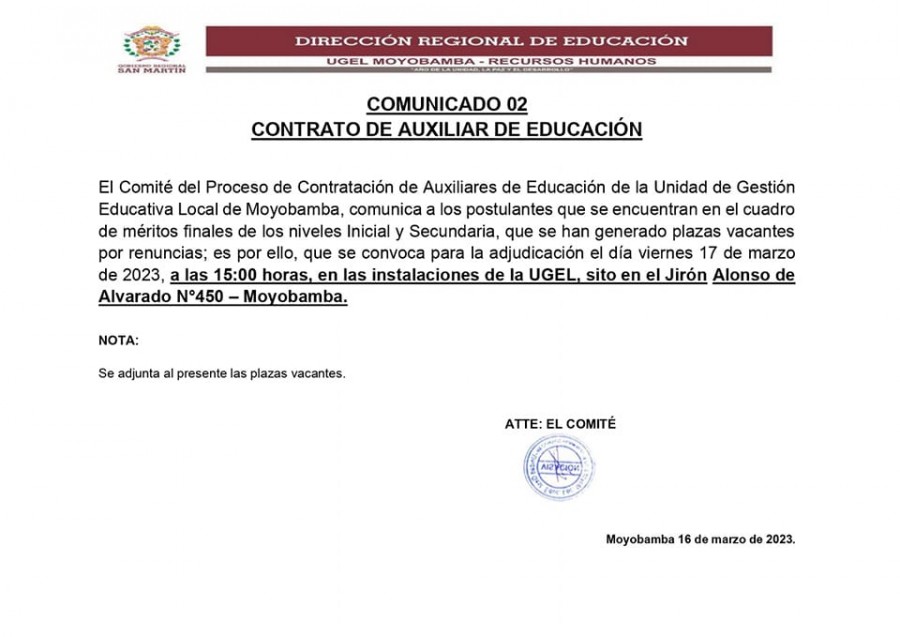 📌COMUNICADO 02  CONTRATO DE AUXILIAR DE EDUCACI&Oacute;N.