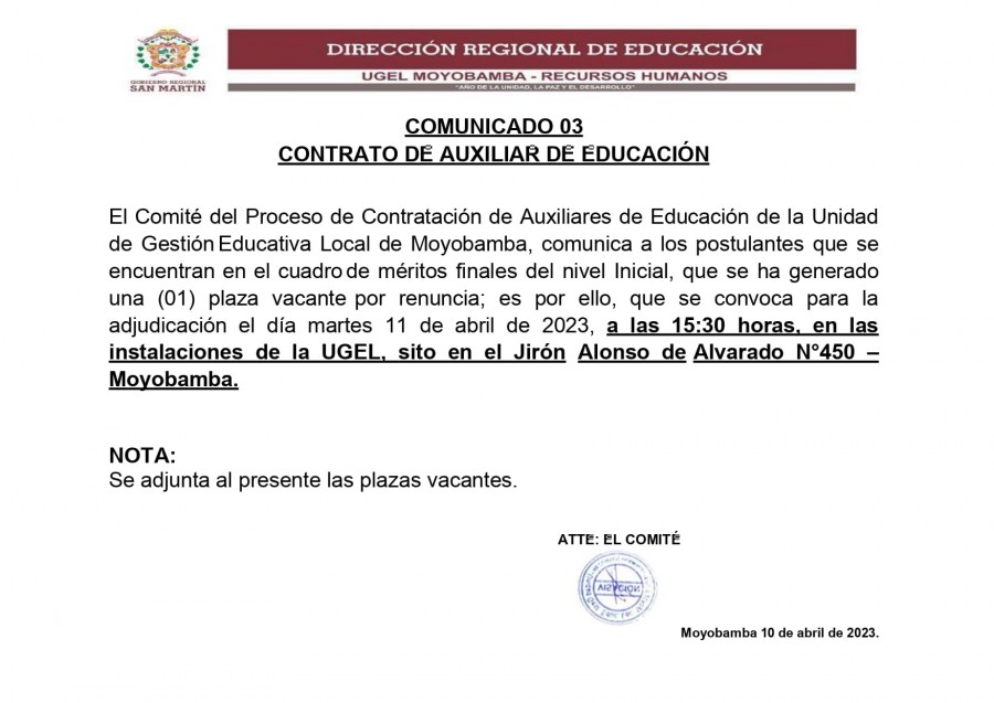 📌COMUNICADO 03 CONTRATO DE AUXILIAR DE EDUCACIÓN