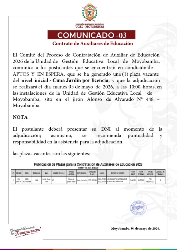 COMUNICADO -03 Contrato de Auxiliares de Educaci&oacute;n