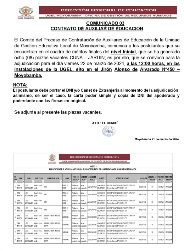 COMUNICADO 03CONTRATO DE AUXILIAR DE EDUCACIÓN