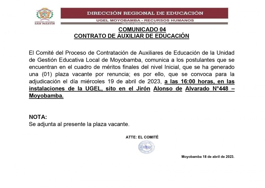 📌COMUNICADO 04 CONTRATO DE AUXILIAR DE EDUCACI&Oacute;N