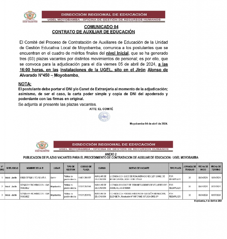 📌COMUNICADO 04- CONTRATO DE AUXILIAR DE EDUCACIÓN.