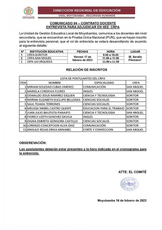 📌COMUNICADO 04 – CONTRATO DOCENTE ENTREVISTA PARA ADJUDICAR EN IIEE. CRFA