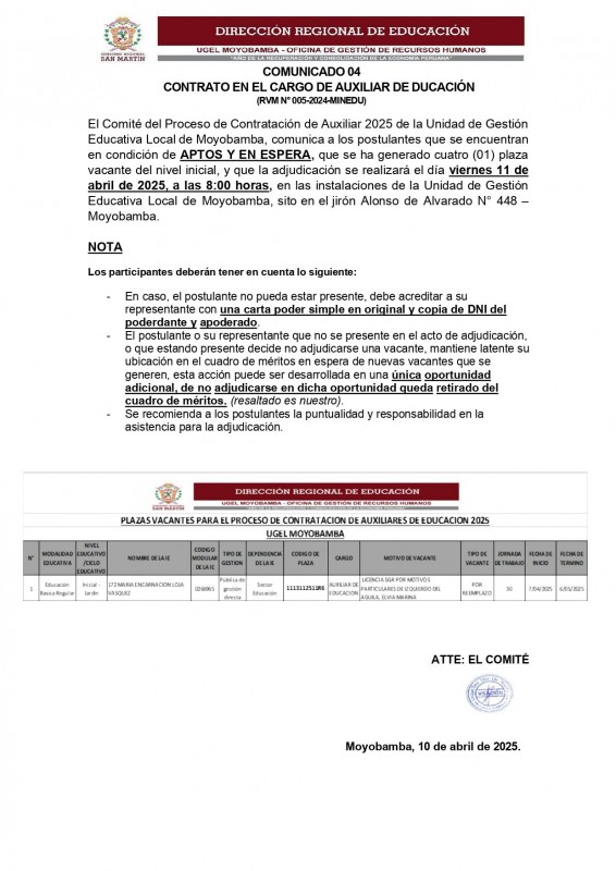 📌COMUNICADO 04 CONTRATO EN EL CARGO DE AUXILIAR DE DUCACI&Oacute;N (RVM N&deg; 005-2024-MINEDU)