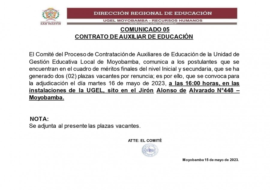 📌COMUNICADO 05 CONTRATO DE AUXILIAR DE EDUCACI&Oacute;N