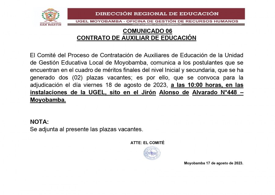 📍COMUNICADO 06 CONTRATO DE AUXILIAR DE EDUCACI&Oacute;N