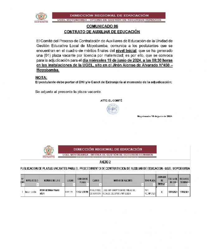 📍COMUNICADO 06 - CONTRATO DE AUXILIAR DE EDUCACI&Oacute;N.