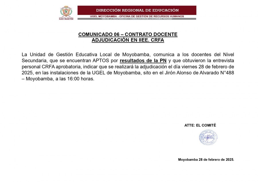 📌COMUNICADO 06 &ndash; CONTRATO DOCENTE. 📍ADJUDICACI&Oacute;N EN IIEE. CRFA