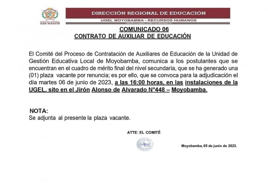 📌COMUNICADO 06CONTRATO DE AUXILIAR DE EDUCACI&Oacute;N.