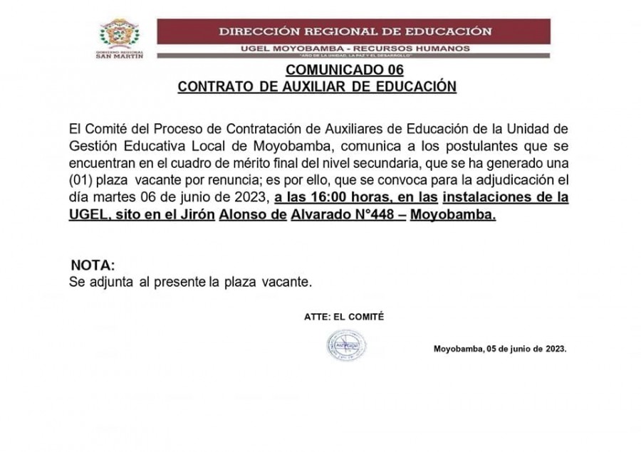 📌COMUNICADO 06CONTRATO DE AUXILIAR DE EDUCACIÓN.