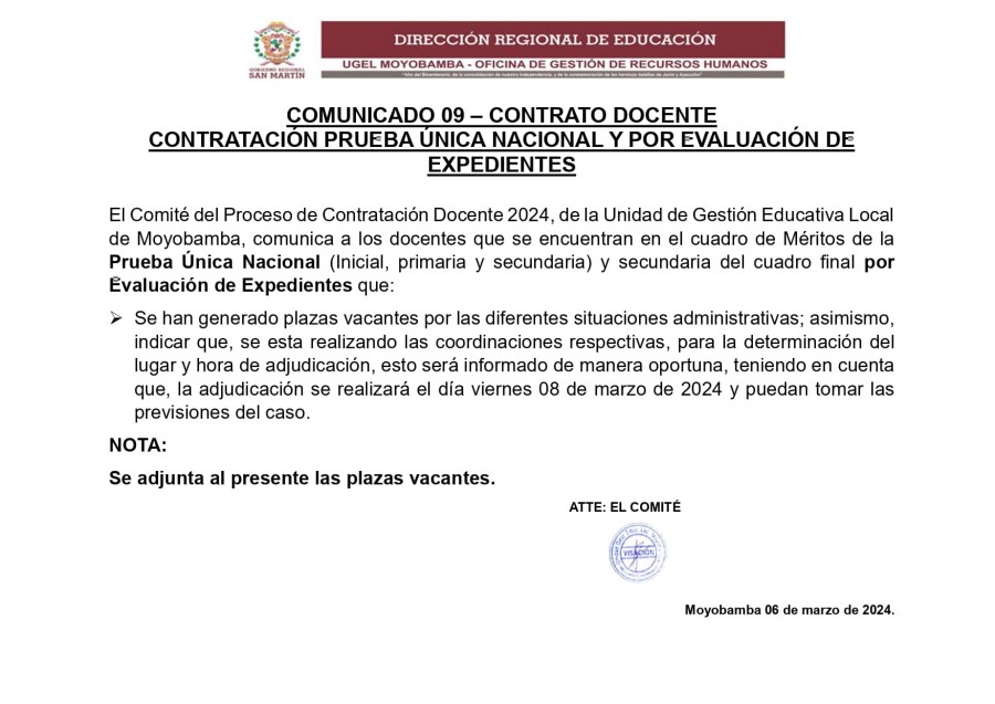COMUNICADO 09 &ndash; CONTRATO DOCENTE