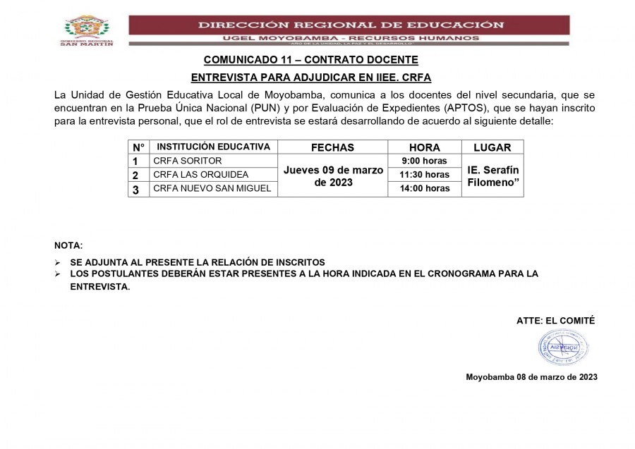 📌COMUNICADO 11 – CONTRATO DOCENTE - ENTREVISTA PARA ADJUDICAR EN IIEE. CRFA