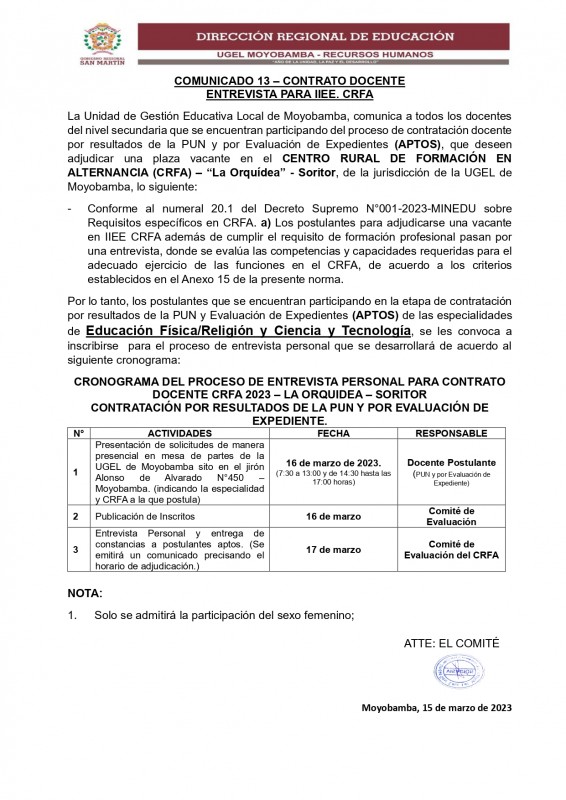 📌COMUNICADO 13 &ndash; CONTRATO DOCENTE ENTREVISTA PARA IIEE. CRFA