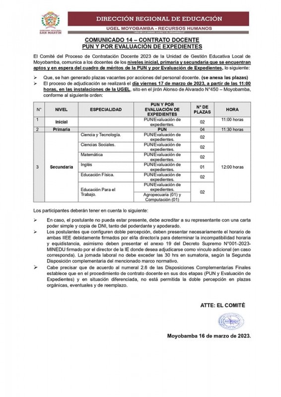📌COMUNICADO 14 &ndash; CONTRATO DOCENTE PUN Y POR EVALUACI&Oacute;N DE EXPEDIENTES.
