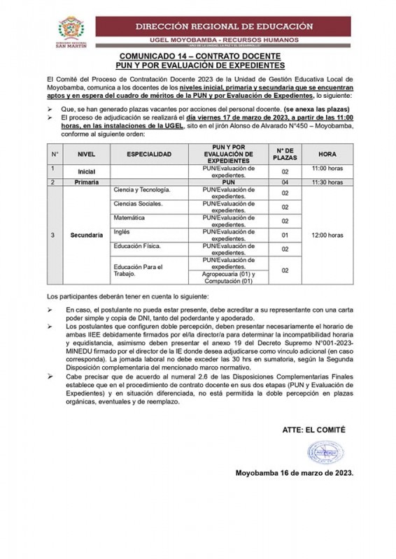 📌COMUNICADO 14 – CONTRATO DOCENTE PUN Y POR EVALUACIÓN DE EXPEDIENTES.