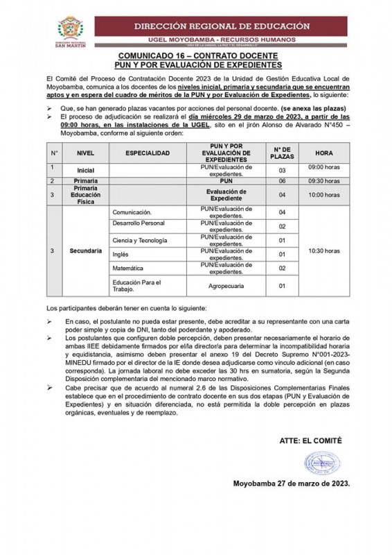 📌COMUNICADO 16 &ndash; CONTRATO DOCENTE PUN Y POR EVALUACI&Oacute;N DE EXPEDIENTES