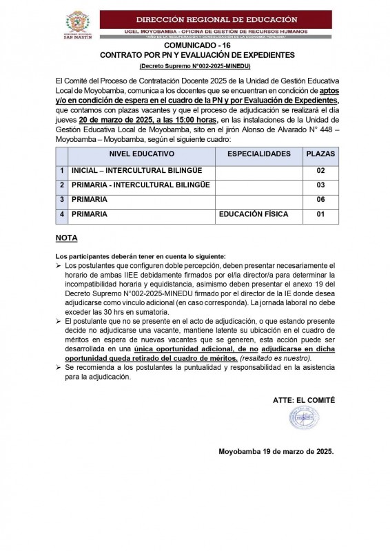 📌 COMUNICADO - 16 CONTRATO POR PN Y EVALUACI&Oacute;N DE EXPEDIENTES