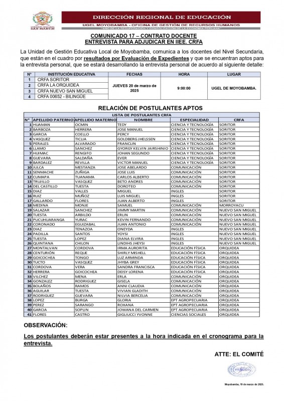 📌 COMUNICADO 17 &ndash; CONTRATO DOCENTE ENTREVISTA PARA ADJUDICAR EN IIEE. CRFA