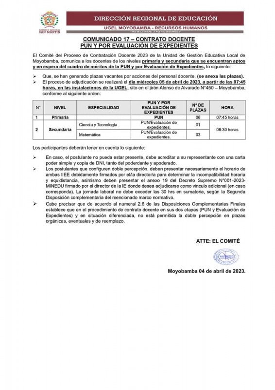 📌COMUNICADO 17 – CONTRATO DOCENTE PUN Y POR EVALUACIÓN DE EXPEDIENTES