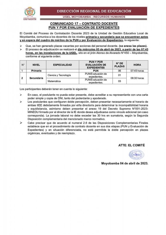 📌COMUNICADO 17 &ndash; CONTRATO DOCENTE PUN Y POR EVALUACI&Oacute;N DE EXPEDIENTES