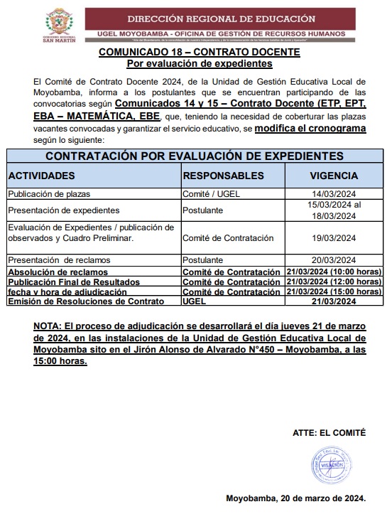 📌 COMUNICADO 18 – CONTRATO DOCENTE 📌 📌Por evaluación de expedientes📌