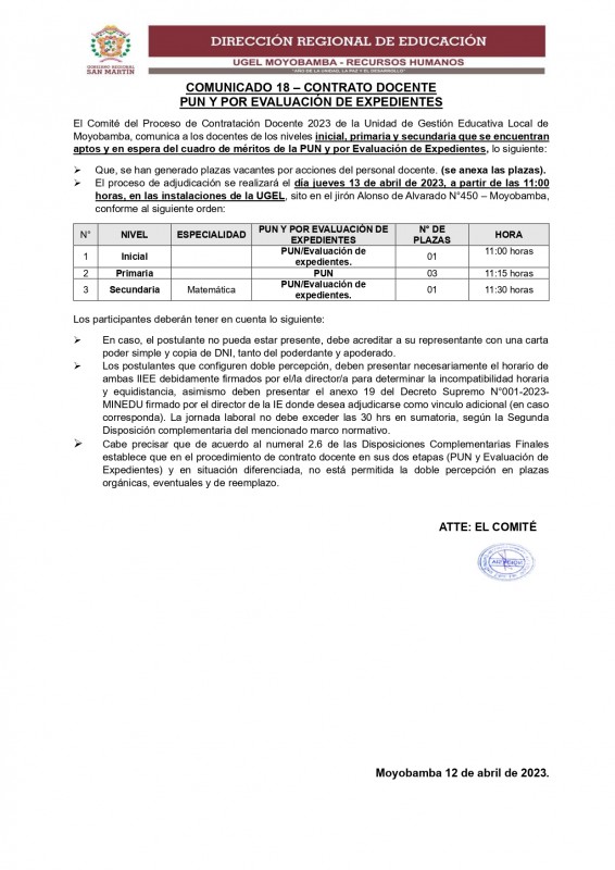 📌COMUNICADO 18 &ndash; CONTRATO DOCENTE PUN Y POR EVALUACI&Oacute;N DE EXPEDIENTES