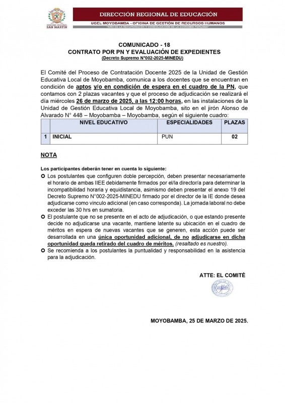 📌COMUNICADO - 18  CONTRATO POR PN Y EVALUACI&Oacute;N DE EXPEDIENTES  (Decreto Supremo N&deg;002-2025-MINEDU)