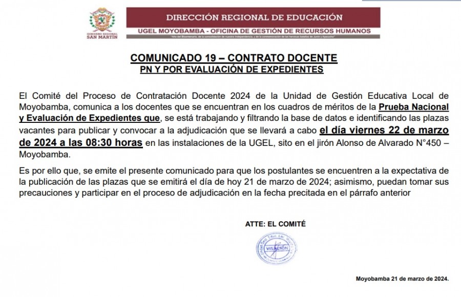 📌COMUNICADO 19 – CONTRATO DOCENTE📌    📌PN Y POR EVALUACIÓN DE EXPEDIENTES📌