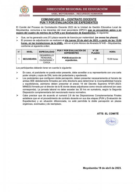 📌COMUNICADO 20 &ndash; CONTRATO DOCENTE PUN Y POR EVALUACI&Oacute;N DE EXPEDIENTES