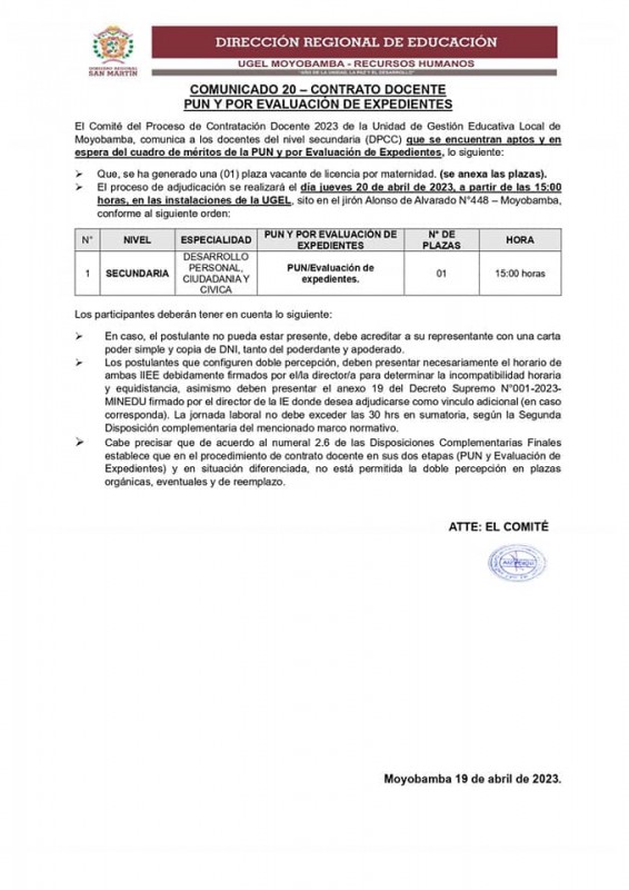 📌COMUNICADO 20 – CONTRATO DOCENTE PUN Y POR EVALUACIÓN DE EXPEDIENTES