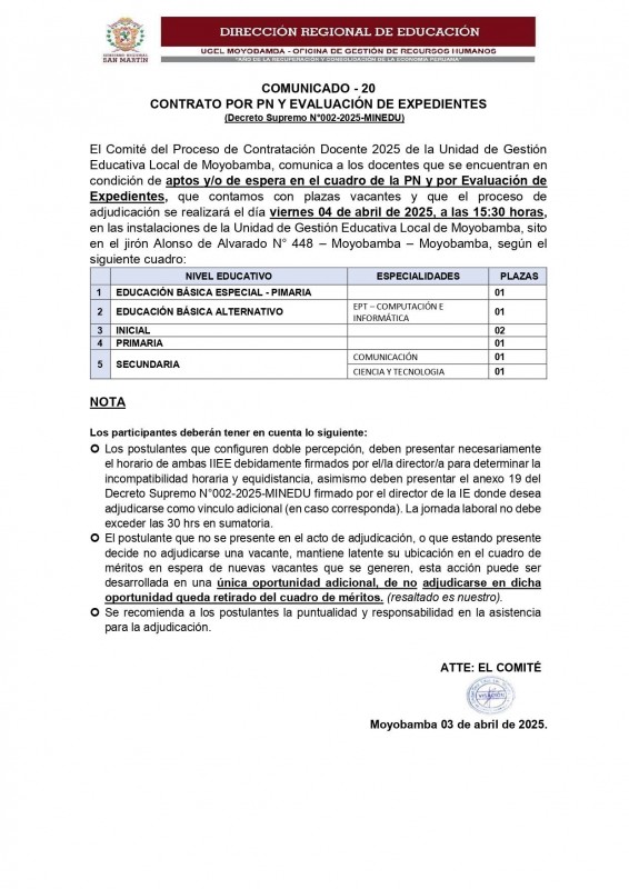📌COMUNICADO - 20  CONTRATO POR PN Y EVALUACI&Oacute;N DE EXPEDIENTES (Decreto Supremo N&deg;002-2025-MINEDU)