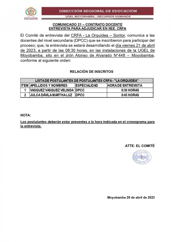 📌COMUNICADO 21 – CONTRATO DOCENTE ENTREVISTA PARA ADJUDICAR EN IIEE. CRFA