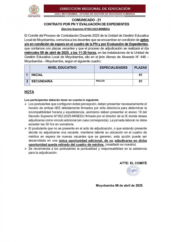 📍COMUNICADO - 21 CONTRATO POR PN Y EVALUACI&Oacute;N DE EXPEDIENTES