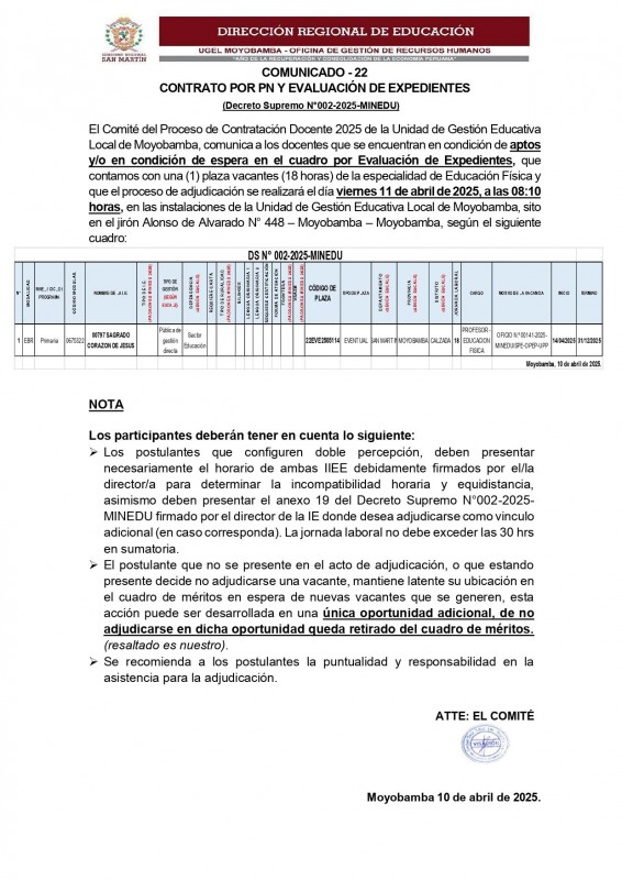 📌COMUNICADO - 22 CONTRATO POR PN Y EVALUACI&Oacute;N DE EXPEDIENTES