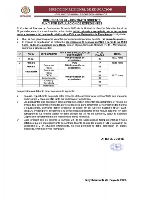 📌COMUNICADO 23 &ndash; CONTRATO DOCENTE PUN Y POR  EVALUACI&Oacute;N DE EXPEDIENTES