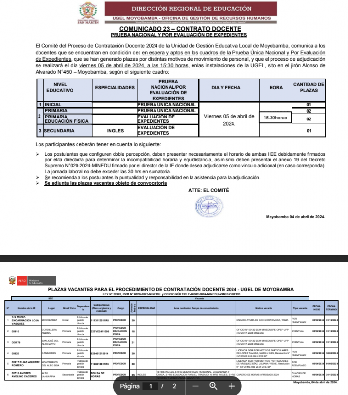 📌COMUNICADO 23 – CONTRATO DOCENTEPRUEBA NACIONAL Y POR EVALUACIÓN DE EXPEDIENTES.