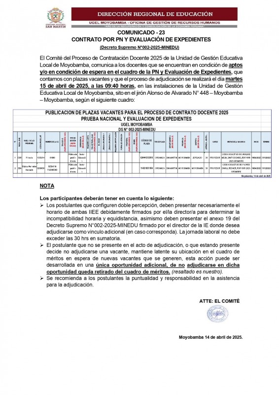 📍COMUNICADO - 23 CONTRATO POR PN Y EVALUACI&Oacute;N DE EXPEDIENTES.