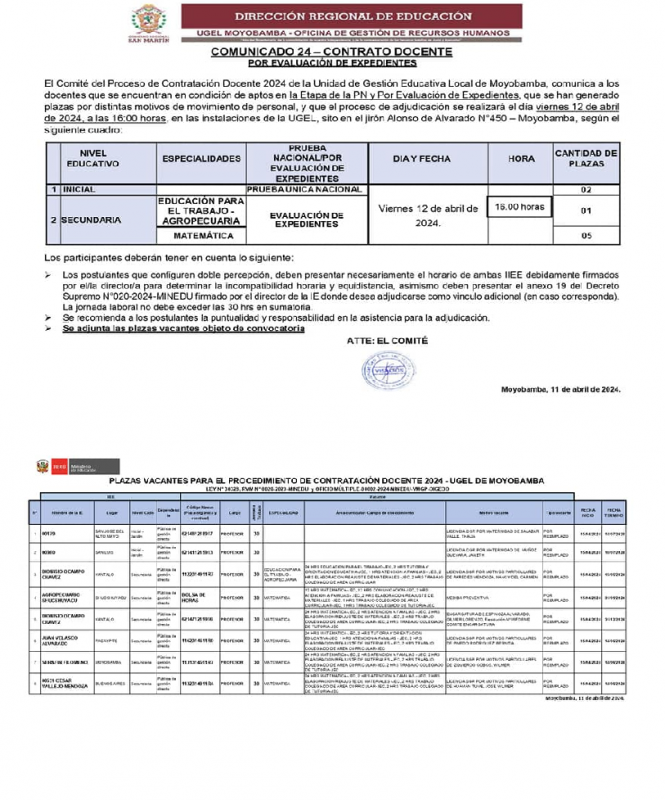 📌COMUNICADO 24 &ndash; CONTRATO DOCENTE POR EVALUACI&Oacute;N DE EXPEDIENTE.