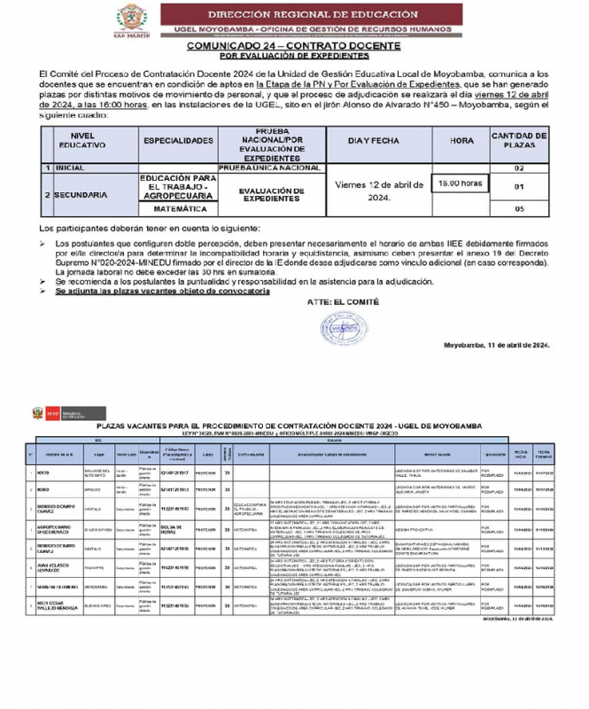 📌COMUNICADO 24 – CONTRATO DOCENTE POR EVALUACIÓN DE EXPEDIENTE.