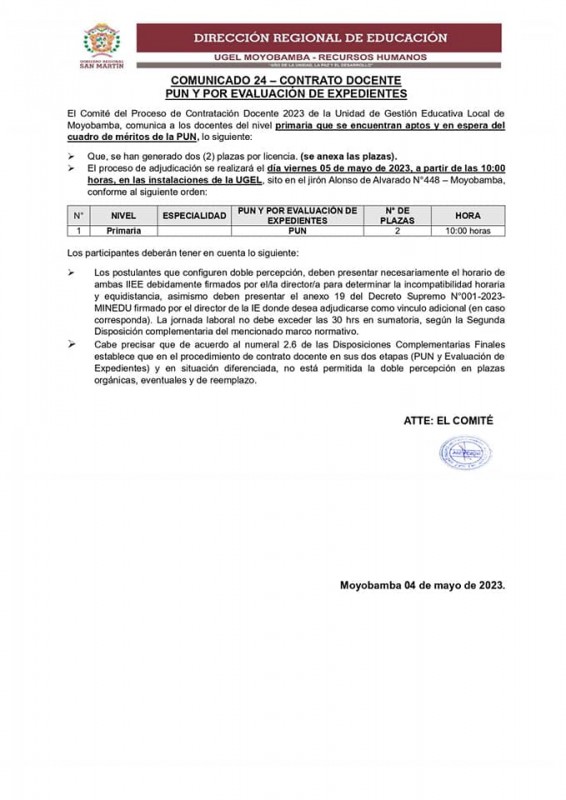 📌COMUNICADO 24 – CONTRATO DOCENTEPUN Y POR EVALUACIÓN DE EXPEDIENTES