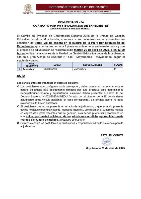 📌COMUNICADO - 24  CONTRATO POR PN Y EVALUACI&Oacute;N DE EXPEDIENTES  (Decreto Supremo N&deg;002-2025-MINEDU)