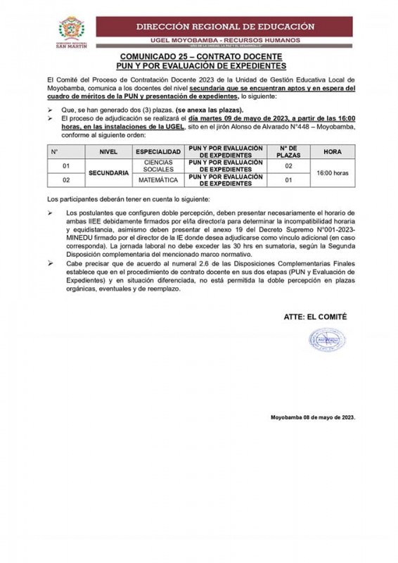 📌COMUNICADO 25 – CONTRATO DOCENTEPUN Y POR EVALUACIÓN DE EXPEDIENTES