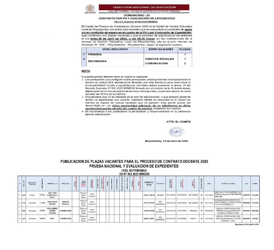 📌COMUNICADO - 25 CONTRATO POR PN Y EVALUACI&Oacute;N DE EXPEDIENTES