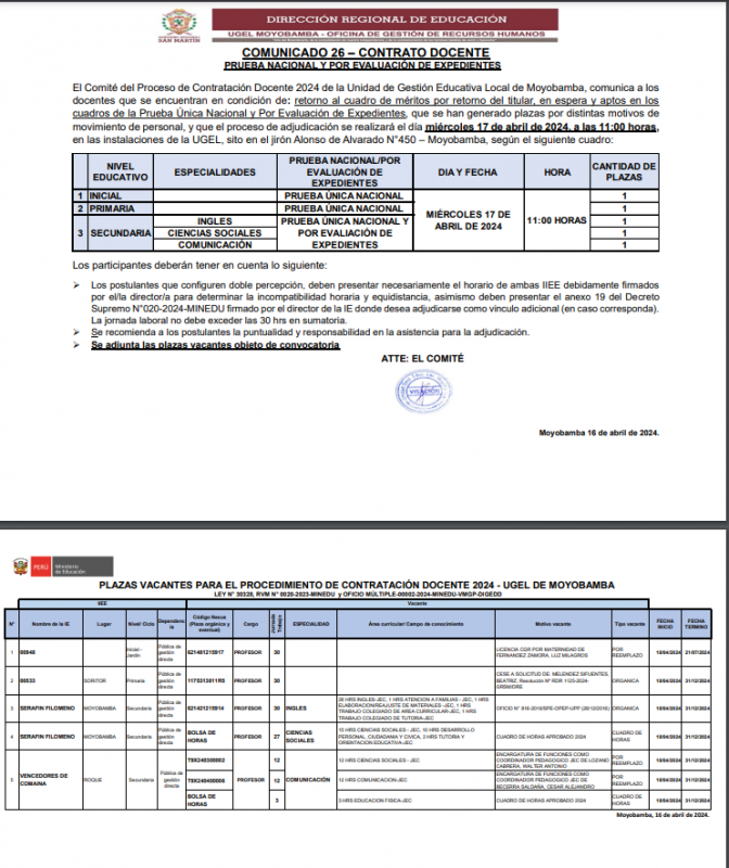 📍COMUNICADO 26 – CONTRATO DOCENTE PRUEBA NACIONAL Y POR EVALUACIÓN DE EXPEDIENTES.