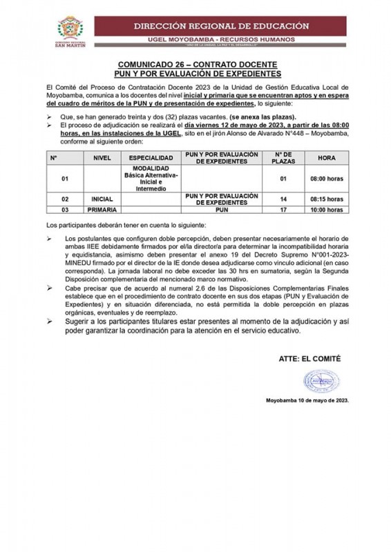 📌COMUNICADO 26 – CONTRATO DOCENTEPUN Y POR EVALUACIÓN DE EXPEDIENTES