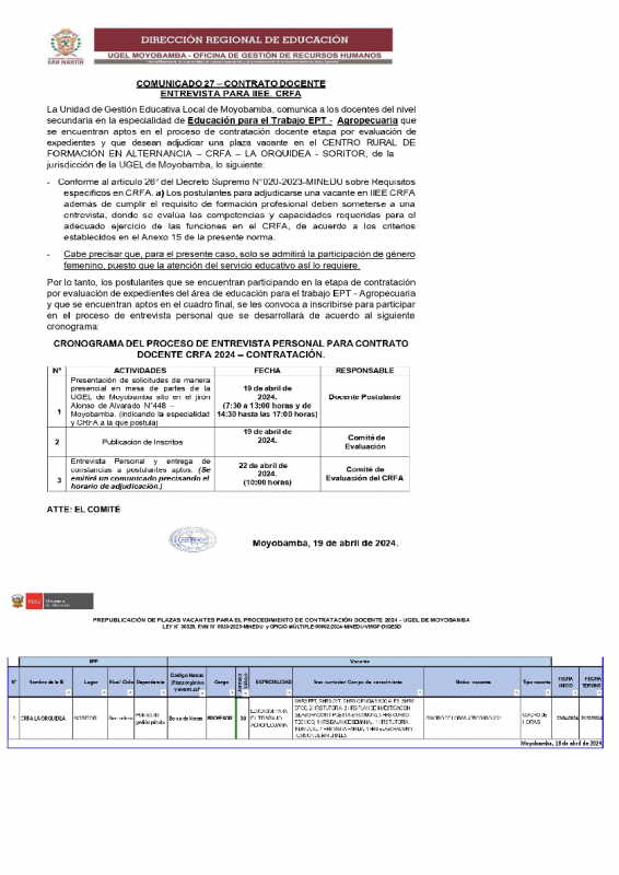 📍📢COMUNICADO 27 – CONTRATO DOCENTE ENTREVISTA PARA IIEE. CRFA