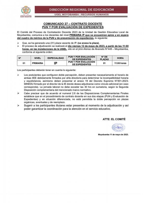 📌COMUNICADO 27 &ndash; CONTRATO DOCENTEPUN Y POR EVALUACI&Oacute;N DE EXPEDIENTES