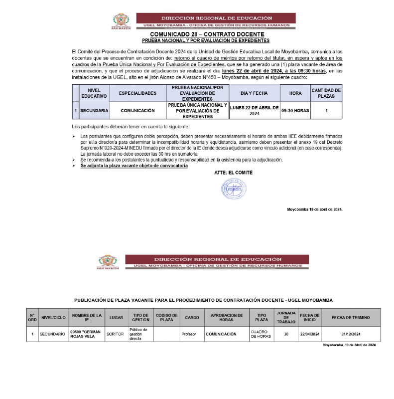 📍COMUNICADO 28 – CONTRATO DOCENTE - PRUEBA NACIONAL Y POR EVALUACIÓN DE EXPEDIENTES.