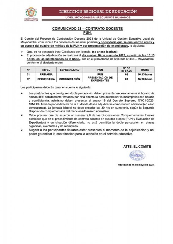 📌COMUNICADO 28 &ndash; CONTRATO DOCENTE PUN.